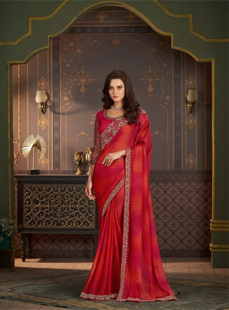 Red Satin Chiffon Saree