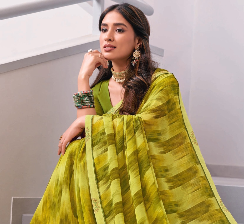 Olive Elegance: Printed Laser Chiffon Saree with a Splash of Yellow