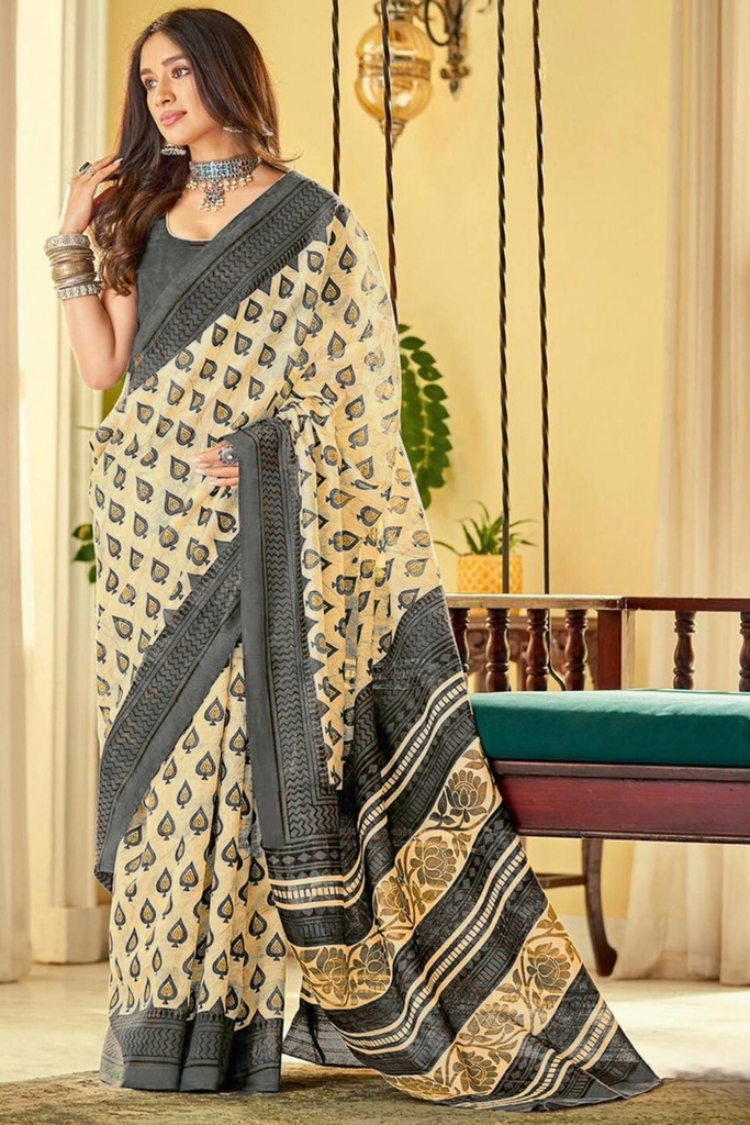 Elegant Gray and Cream Cotton Saree with Traditional Print