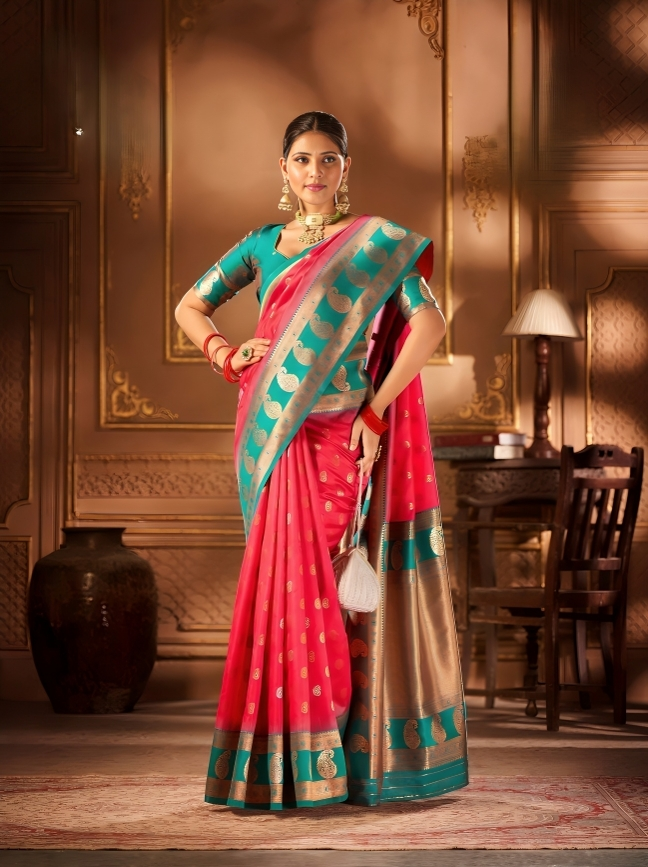 Silk: Pink Saree with firuze  & Golden Zari Embellishments