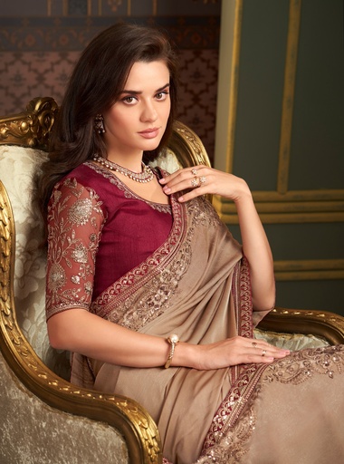 Elegant Brown Shimmer Saree with Exquisite Purple Blouse Design