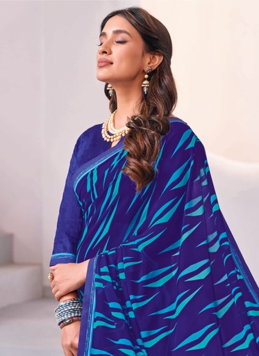 Enchanting Dark Blue Laser Chiffon Saree with Light Blue Stripe Design