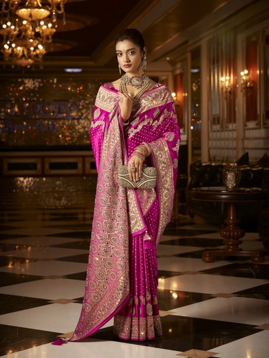 Luxurious Pink Saree with Golden Zari Work