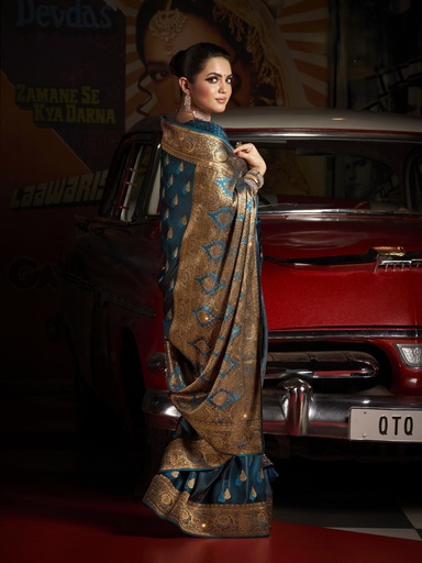 Royal Blue Gold-Embellished Saree