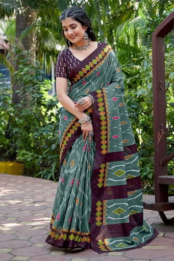 Earth Tones Elegance: Green & Cocoa Cotton Saree